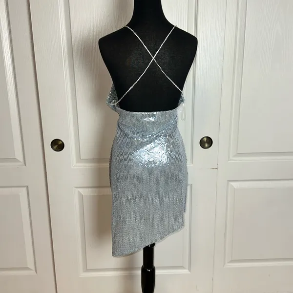 Windsor Blue Metallic Sequin Rhinestone Strap Sexy Dress - Image 2