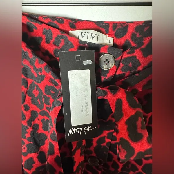 NWT‎ Nasty Gal IVIVI Red Black Leopard Tie Waist Ruffle Mini Skirt L - Image 6