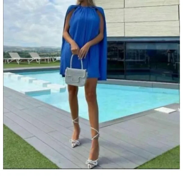 Zara Bright Blue Pleated Cape-Back Mini Dress - Image 2