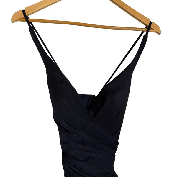 La Femme Navy Ruched Jersey V-Neck Slit Formal Gown Dress Tie Up Back Size 0 - Image 3