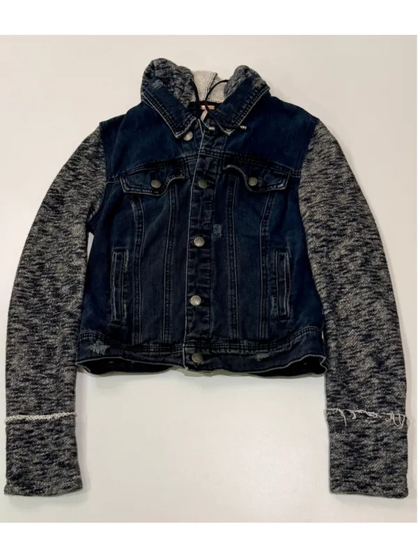 Free People Denim Knit Sleeve Hooded Jacket Distressed Dark Wash h - Image 2