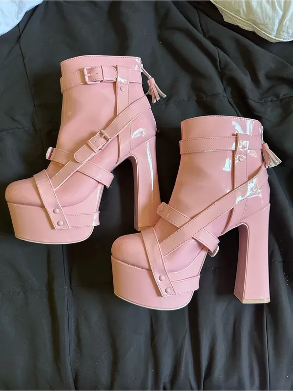 Women’s Pink High Platform Buckle Ankle Boots Size 10 - Image 4