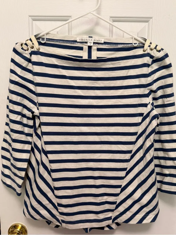 Veronica Beard Lincoln Mariner Striped Lace Up Shoulder Top Medium‎ Nautical - Image 2