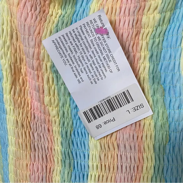 Aakaa NWT pastel rainbow smocked ruffle tiered shoulder tie midi dress Sz Large - Image 10