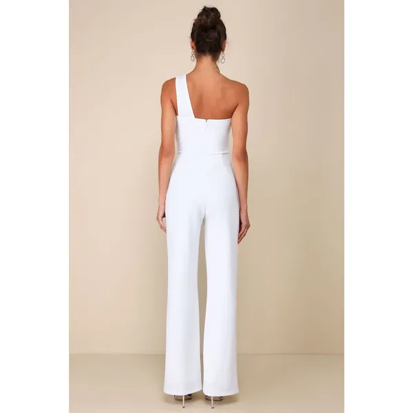 NWT Lulus Devoted to Fun Ivory One-Shoulder Sleeveless Jumpsuit Classy Chic XL - Image 3