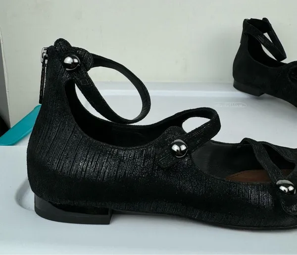 Donald Pliner Womens Strappy Pointed Toe Flats Sz 8 Black Metallic Leather - Image 8