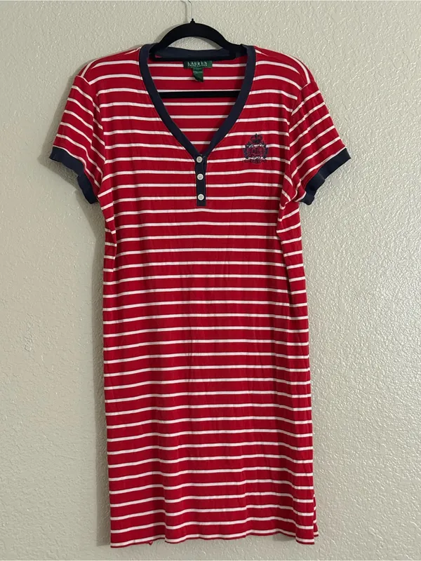 Lauren Ralph Lauren Striped Crest Henley Preppy T Shirt Dress Red Navy Size XL - Image 3