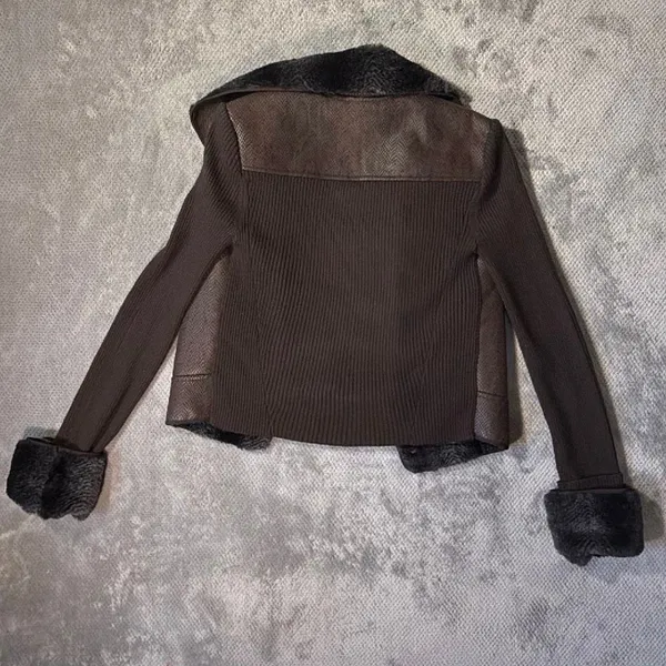 Cache Brown Faux Fur Trim Moto Jacket Size S Wool Blend Rib Knit Snakeskin Textu - Image 9