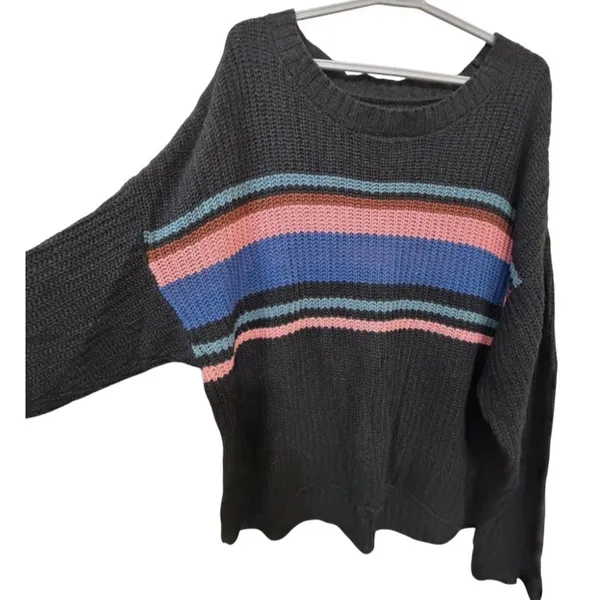 American Eagle Outfitters Charcoal Gray Striped Pullover Sweater Crew Neck M - Image 4