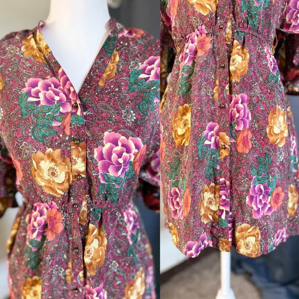 Champagne & Strawberry Silk Floral Paisley Mini Dress Womens Small Burgundy Boho - Image 11