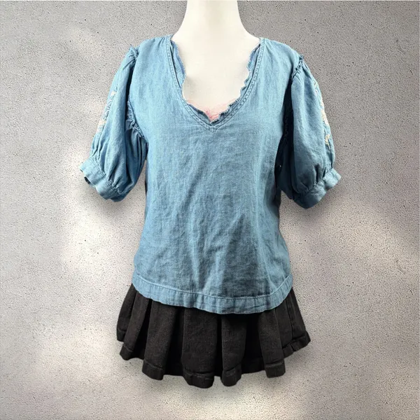 American Eagle Embroidered Denim Puff-Sleeve Top Women's S Boho Prairie Cottage - Image 3