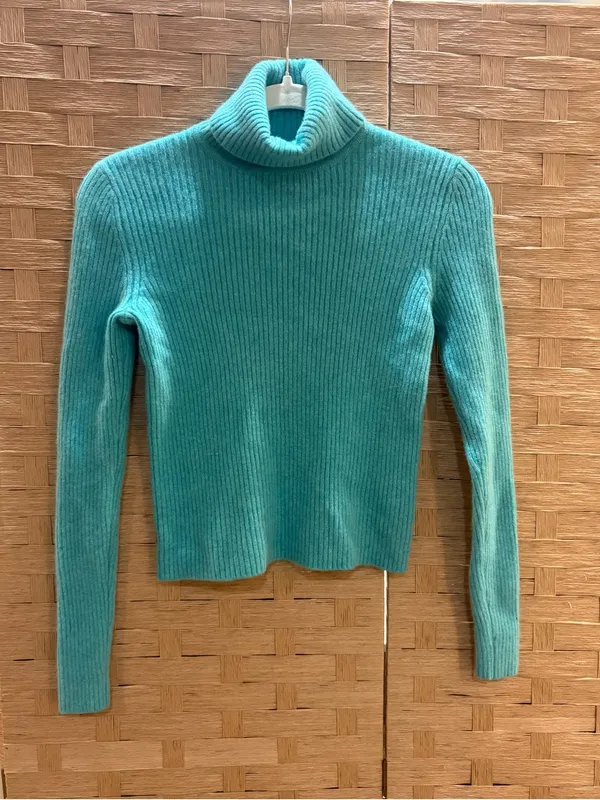 White + Warren Cashmere Turtleneck Sweater Size S Turquoise Ribbed Luxury Knit - Image 2