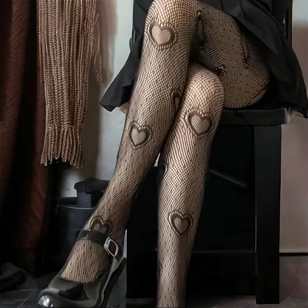 Heart Print Mesh Tights Black Sexy Cut Out High Waist Fishnet Pantyhose One Size - Image 9