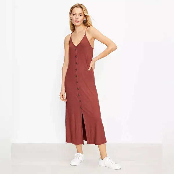 LOFT Sleeveless Midi Dress Adjustable Strap Rib Knit Button Front Size Large‎ - Image 13
