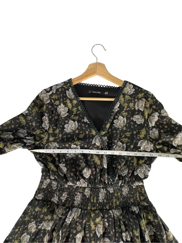 Doe & Rae Floral Mini Dress S Black Whimsigoth Bell Sleeve Smocked Boho - Image 8