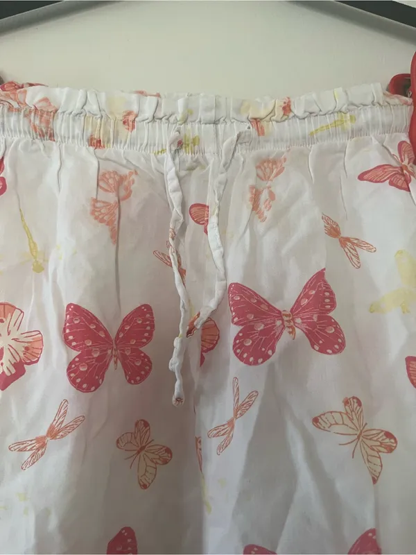 100% Cotton White Pink Butterfly Print Wide Leg Pajama Pants Medium Cottagecore - Image 2