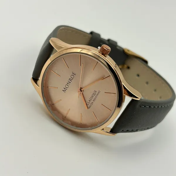 Monroe By Maestro Classique Rose Gold Tone Gray Leather Band Watch New Battery - Image 4