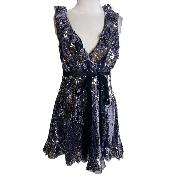 NWT Free People Siren Sequin V-Neck‎ Ruffle Mini Dress Size 8 - Image 4