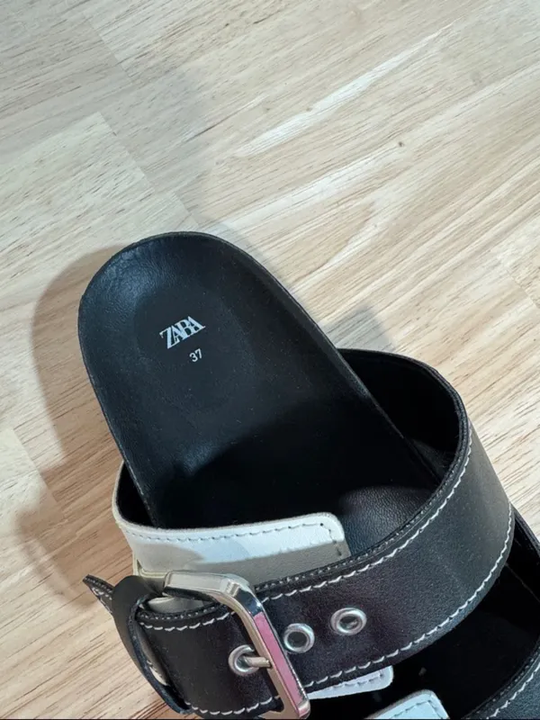 Zara Black and White Double Buckle Slide Sandals EUC - Image 7