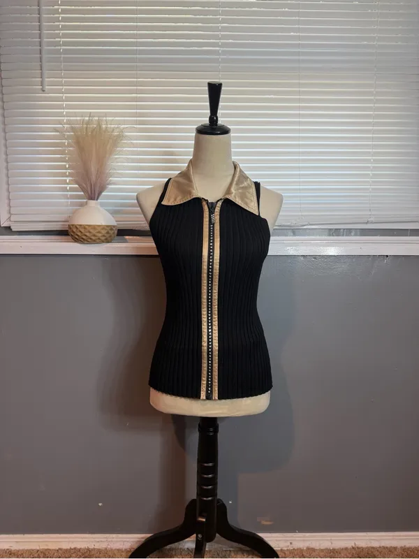 Belladimi Black Ribbed Rhinestone Zip Satin Collar Top Size M Y2K - Image 2