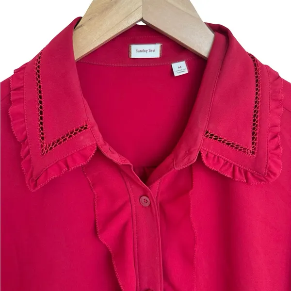 Aritzia Sunday Best‎ Button Down Festive Long Sleeve Shirt Blouse Top M Red - Image 3
