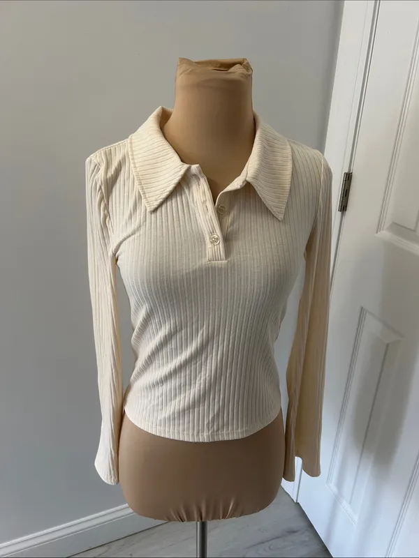 Noisy May Cream Ribbed Long Sleeve Polo Shirt - Image 2