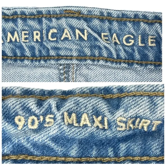 American Eagle 90s Maxi Skirt 4 Light Wash Distressed Denim Slit Grunge READ!‎ - Image 3