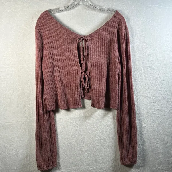 Kimchi Blue Ribbed Knit Cropped Tie Back Long Sleeve Top Dusty Rose Size M‎ - Image 2