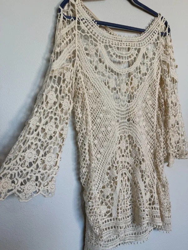 Crochet Knit Cream Bohemian Style Tunic Mini Dress - Image 2
