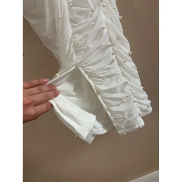 Lulus Toast to Romance White Ruched Pearl Bodycon Midi Dress Size Small Bridal - Image 11