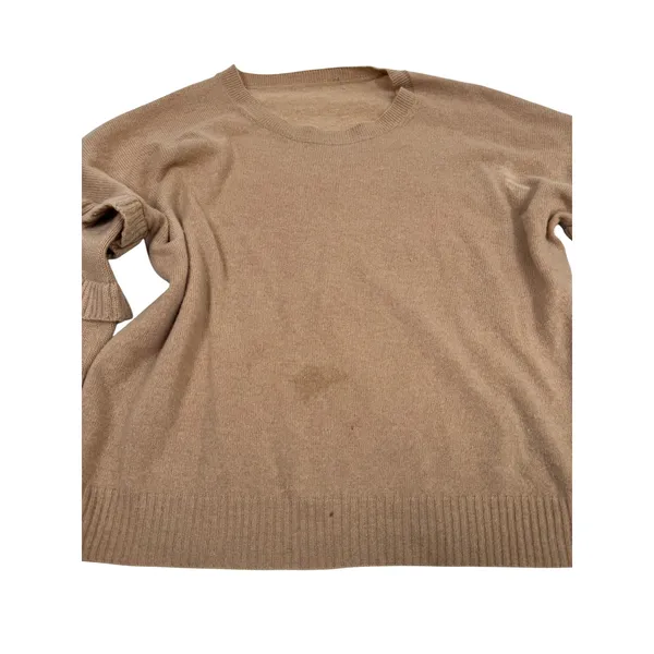 100% Cashmere Ruffle Sleeve Sweater Camel Tan Crewneck Pullover M/L - Image 3