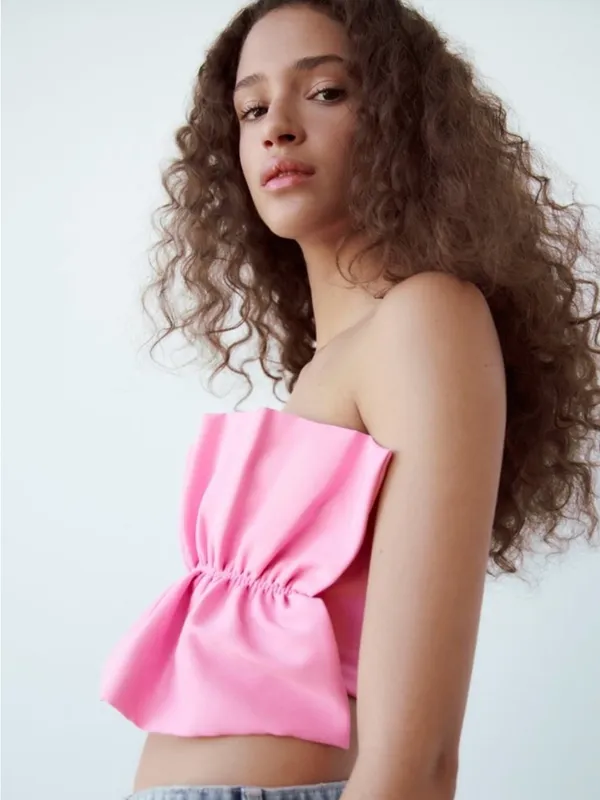 Zara Pink Strapless Ruched Bandeau Top Medium - Image 2