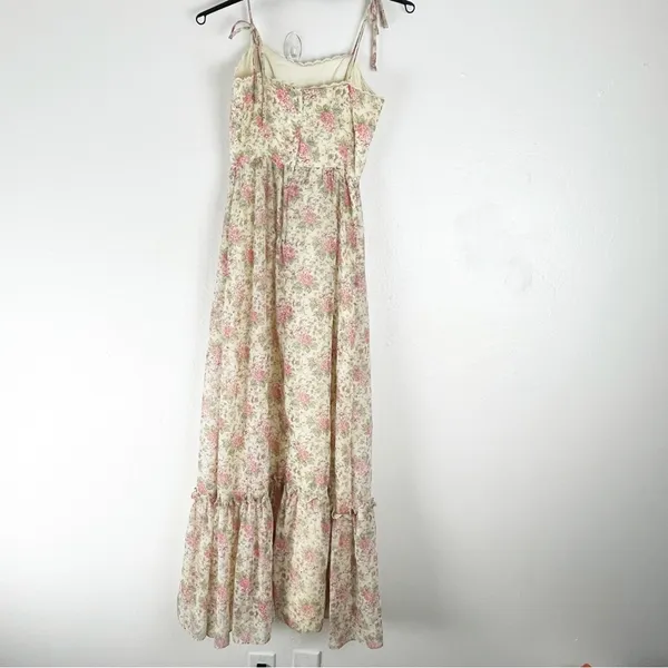 AMERICAN VINTAGE Floral Lace Trim Tie Shoulder Straps Back Zipper Maxi Dress 7/8 - Image 2