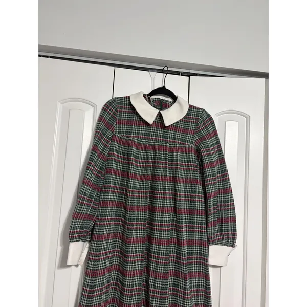 Vintage Plaid Maxi Dress Cottagecore Green Red Peter Pan‎ Collar Long Sleeve - Image 5