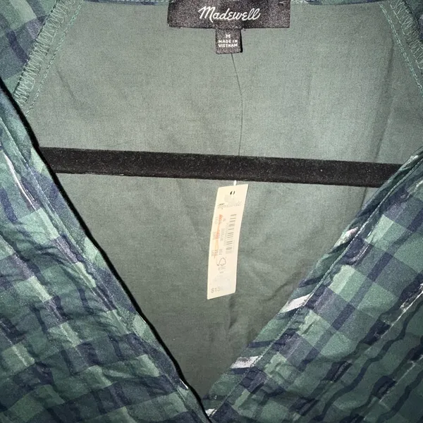 NWT Madewell Marianna Puff-Sleeve Mini Dress M Medium Plaid Green‎ X - Image 3