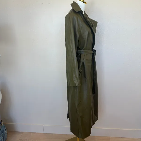 Rosetta Getty Olive Green Faux Leather Trench Coat SMALL Belted Office Work $555 - Image 12