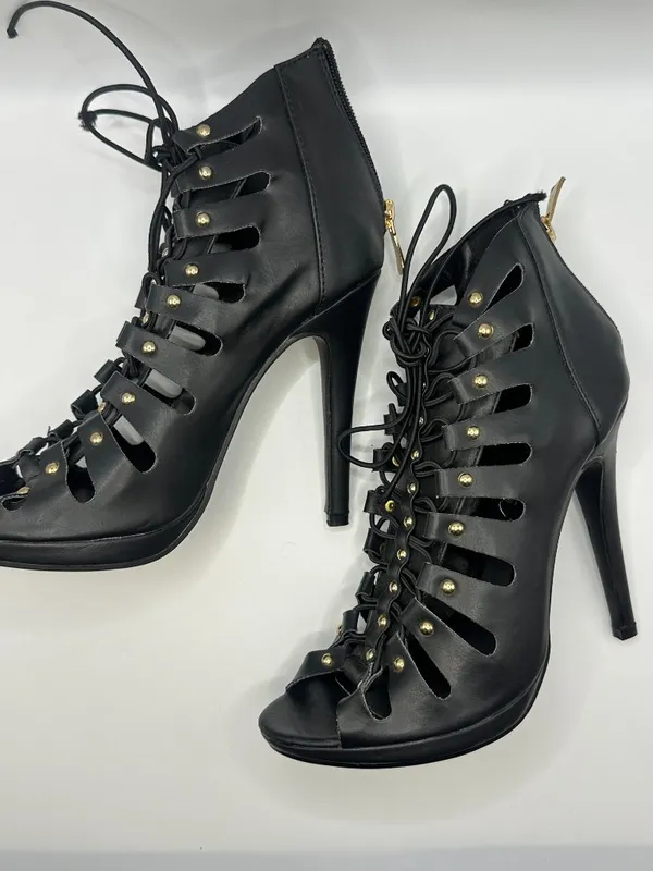 Black Studded Strappy Lace Up Stiletto Heel Ankle Booties Open Toe 6 Rocker Glam - Image 4