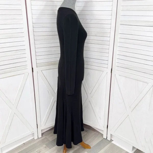 Polo Ralph Lauren Waffle Knit‎ Long Sleeve Maxi Dress Black Flared Hem Small - Image 3