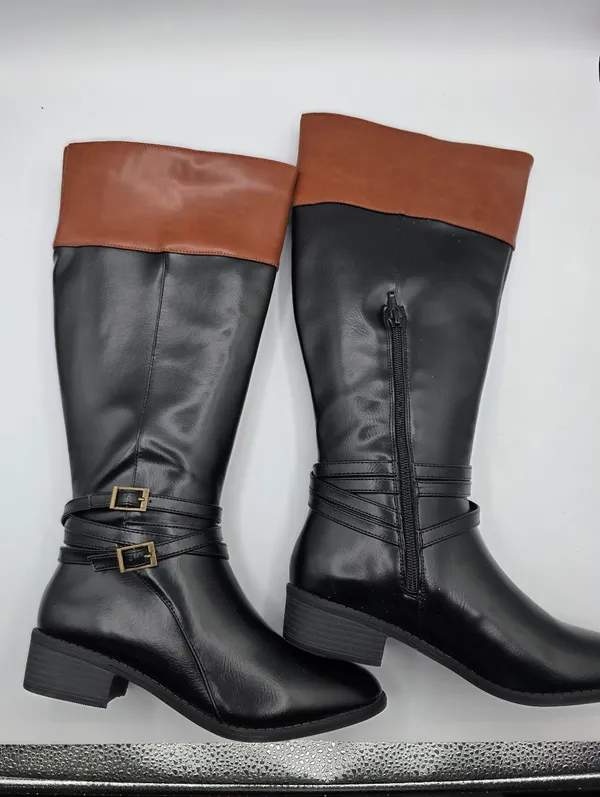 SO Trixie Womens Two Tone Black Brown Riding Knee Boots Size 6 Wide Calf NEW - Image 6