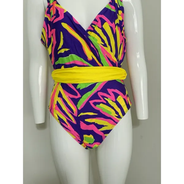Vintage La Blanca 80s 90s One Piece Swimsuit Women’s Size 14 Neon Abstract Belt - Image 3