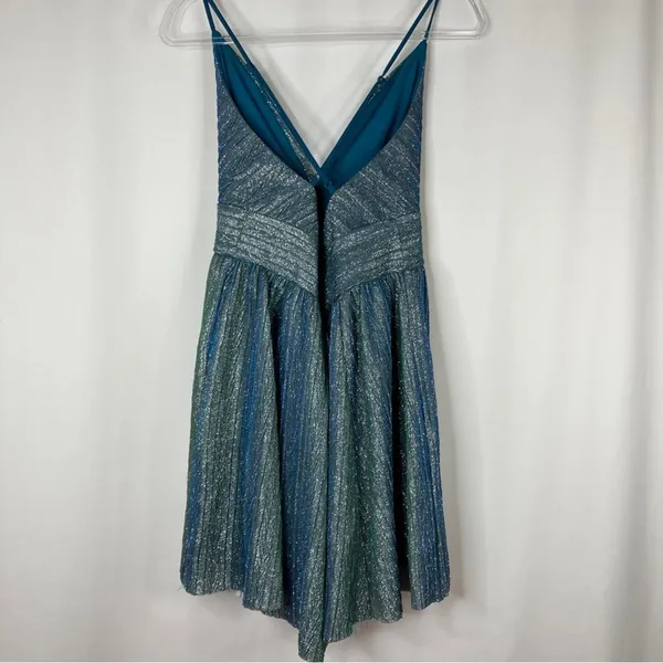 Lulu's Teal Blue Stop The Show Glitter Mini Party Dress V-Neck Womens Large - Image 7