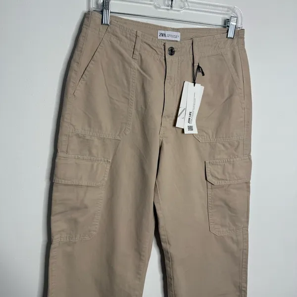 NWT Zara Straight Leg Cargo Pants Cream Neutral Size 6 Minimalist Casual 90s‎ - Image 3