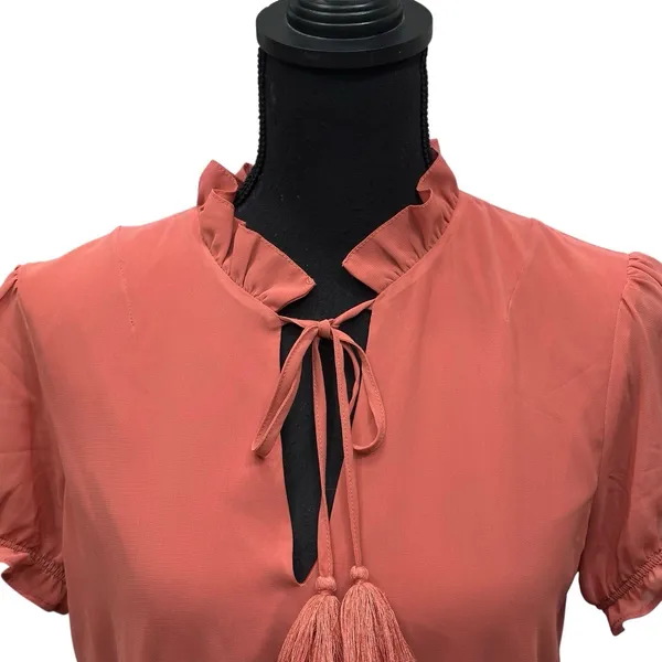 Tularosa Womens Size Small Colleen‎ Mini Dress Ruffled Coral Chiffon Tassel Neck - Image 2