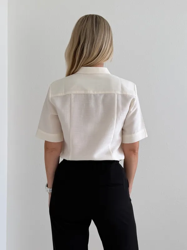 AMII Ivory Textured Short Sleeve Button Down Shirt Gold Buttons M - Image 2