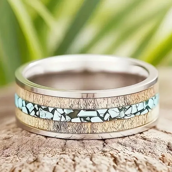 Men’s 8mm Stainless Steel Silver Deer Horn w/ Crushed Turquoise Inlay Band S 13 - Image 3