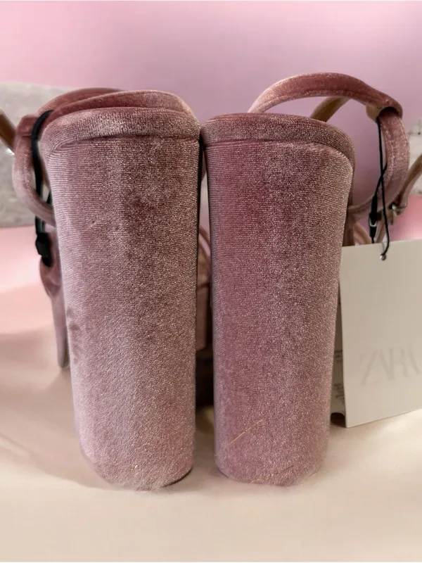 Zara Pink Velvet Platform Block Heel Sandals - Image 2