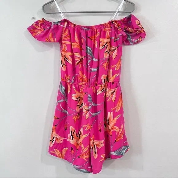 Lulus After Sunset Magenta Pink Floral Off the Shoulder Romper‎ SMALL - Image 6