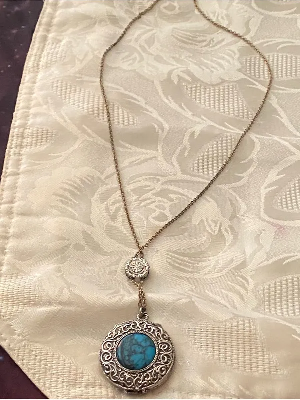 Vtg Max Factor Necklace Solid Perfume Locket Silver Turquoise Stone Hypnotique Blue - Image 9