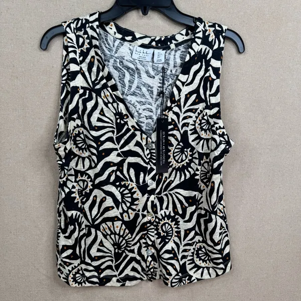 Nicole Miller Cream and Navy Blue Abstract Print Top V Neck Sleeveless Size L - Image 2