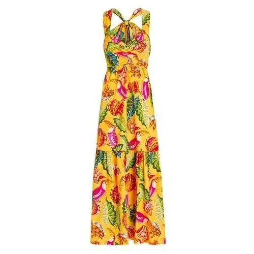 Farm Rio Yellow Beaks & Bananas Cotton Maxi Dress Small Tropical Toucan Tiered‎ - Image 16